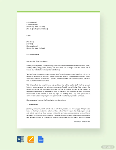 letter of intent to do business with the company template