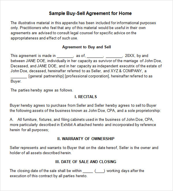 buy sell agreement template for home