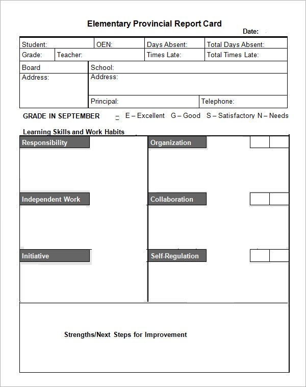 elementary provisional report card