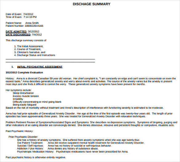 sample example for discharge summary template