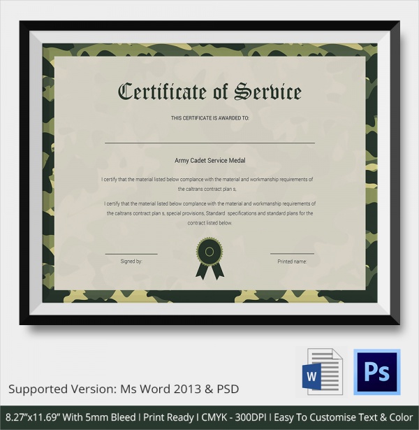 army cadet service certificate template