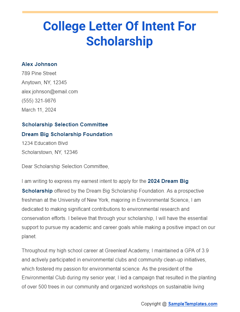 college letter of intent for scholarship