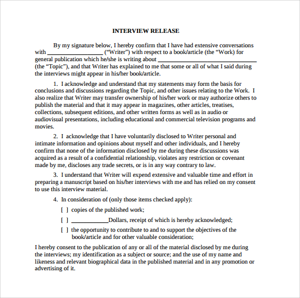 personal interview release form free download pdf