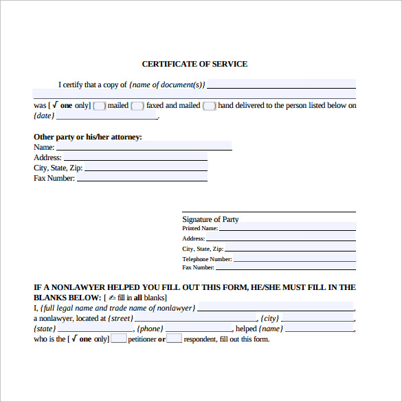 service certificate sample