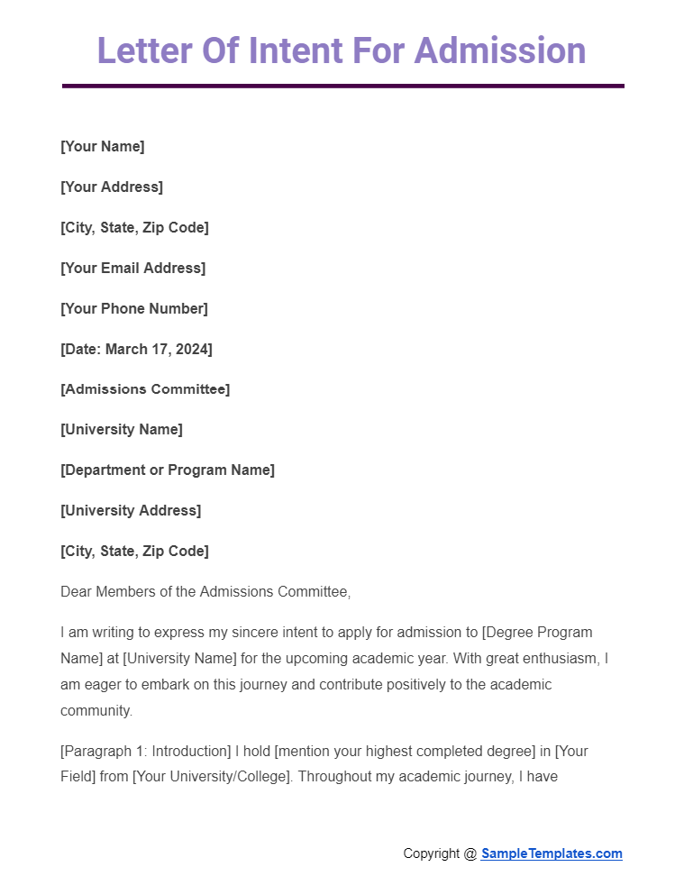 letter of intent for admission