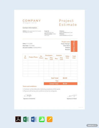 sample project estimate template