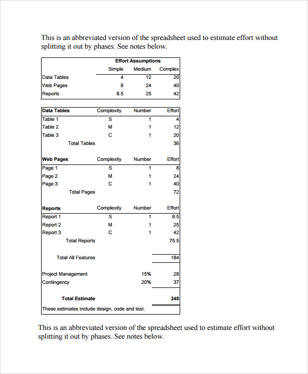 software project estimate template