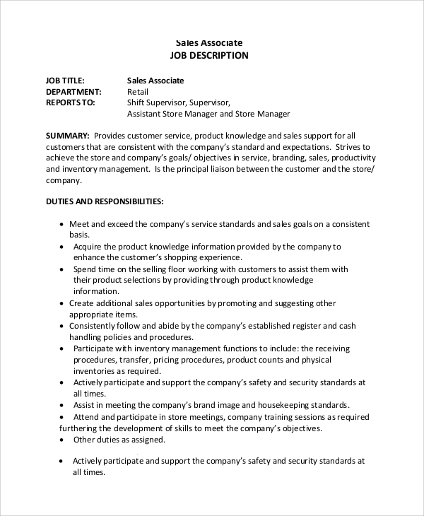 basic sales associate job dutie