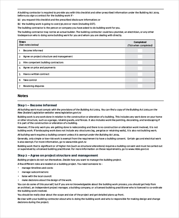 builders quotation checklist