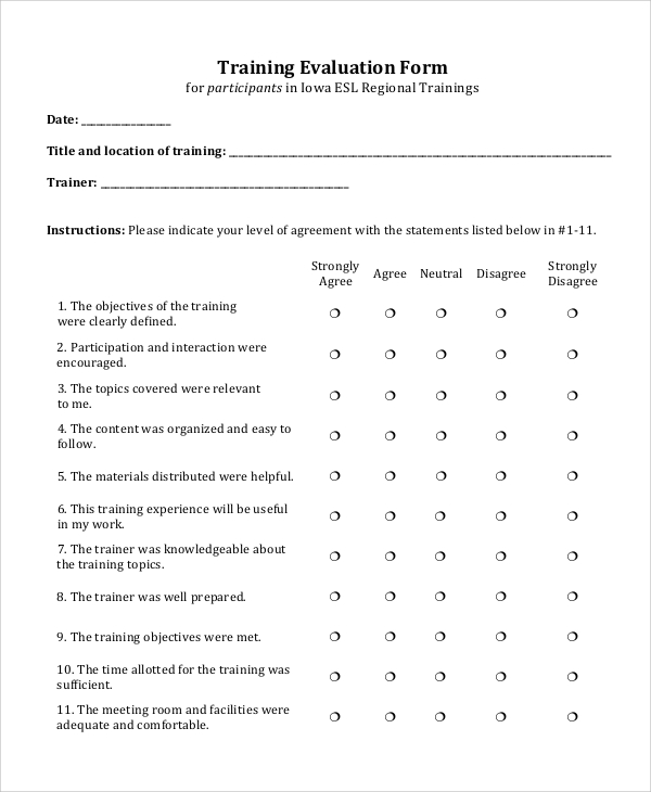 sample training evaluation form