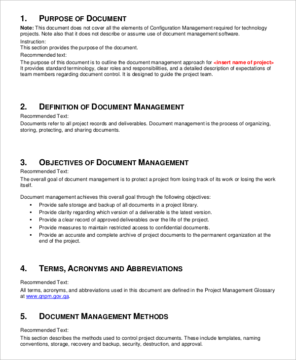 sample document management plan
