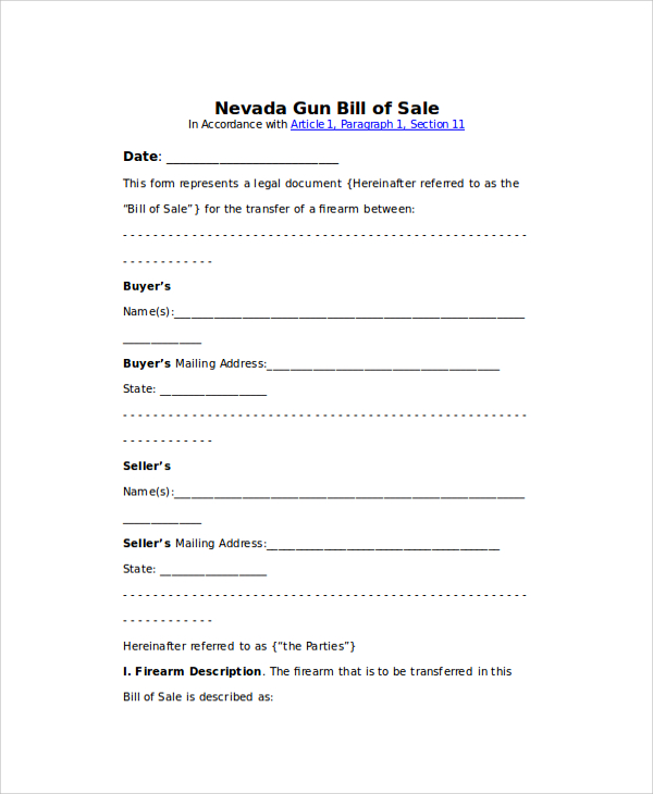 blank gun bill of sale format