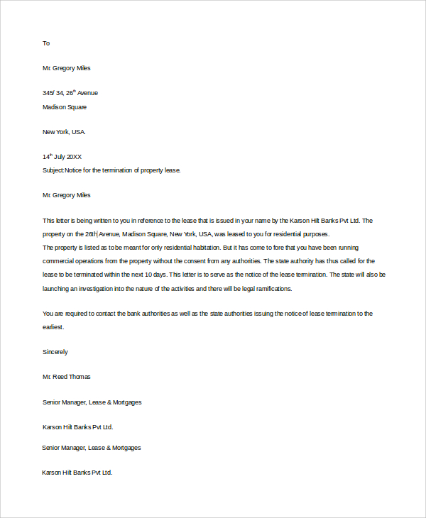 lease termination notice letter