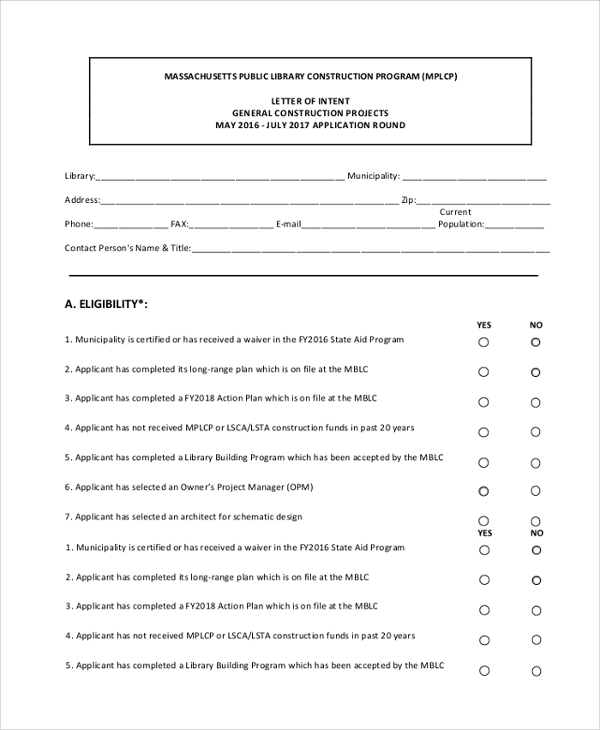 letter of intent for general construction projects