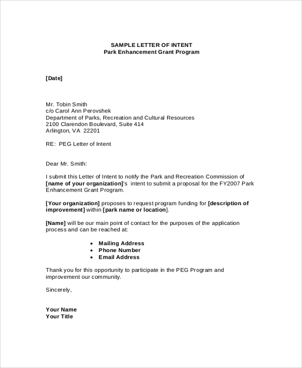 park enhancement grant program letter of intent 