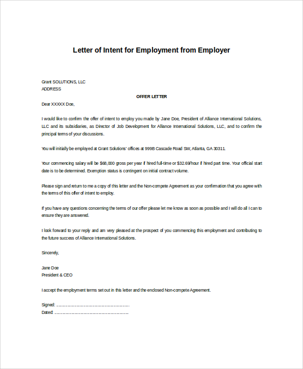 letter of intent for employment from employer