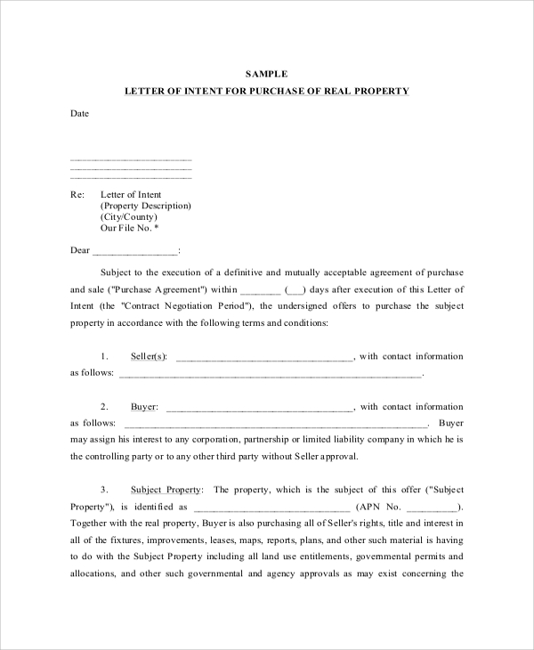 letter of intent for purchase of real property