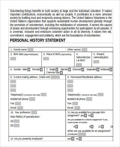 personal history statement in word