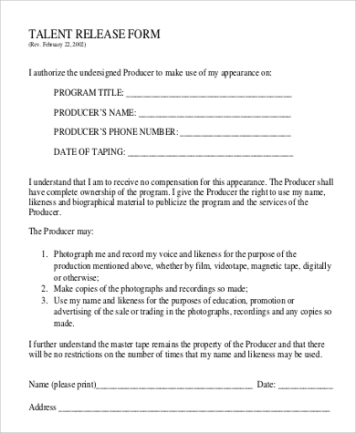 generic talent release form example