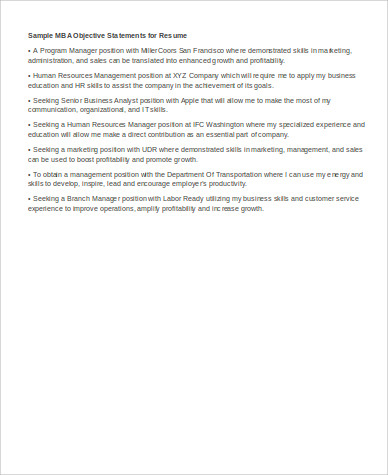 career objective for mba resume