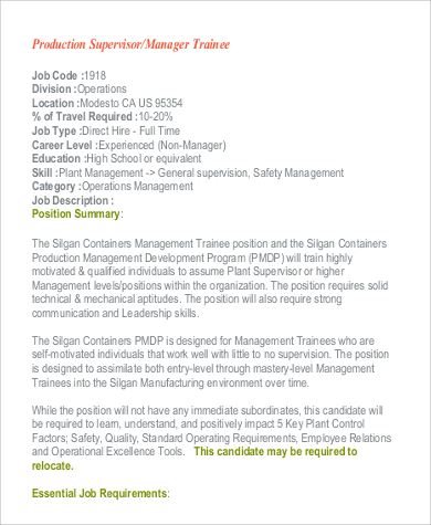 production supervisor trainee job description
