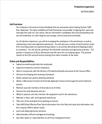 production supervisor job description responsibilities