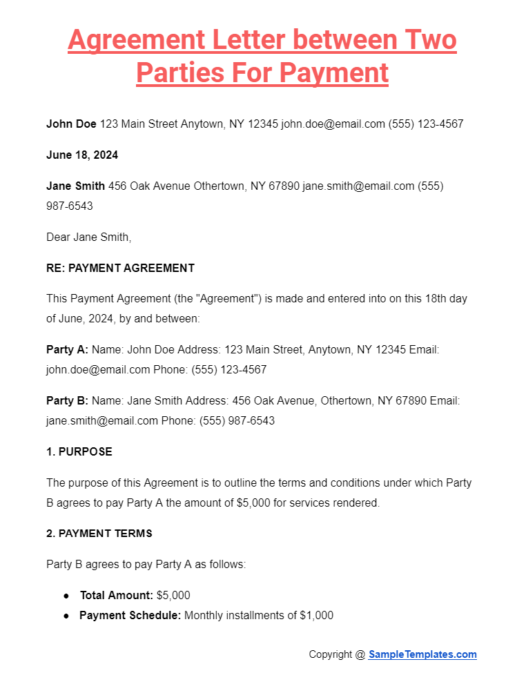agreement letter between two parties for payment