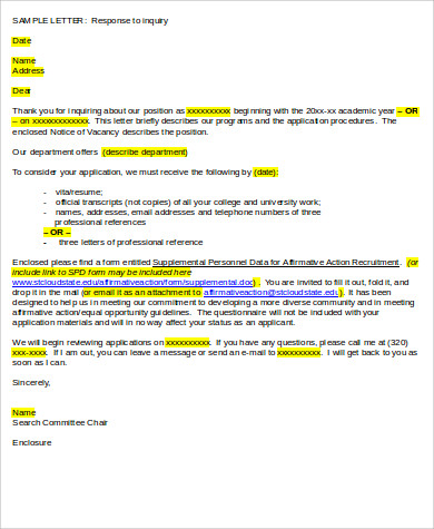 sample letter of response to inquiry