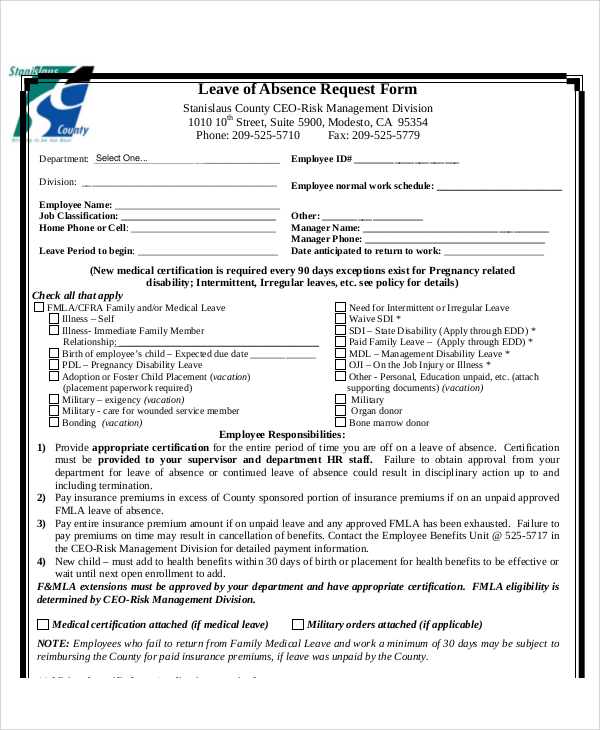leave of absence request form in pdf