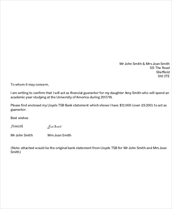 financial guarantee letter for visa