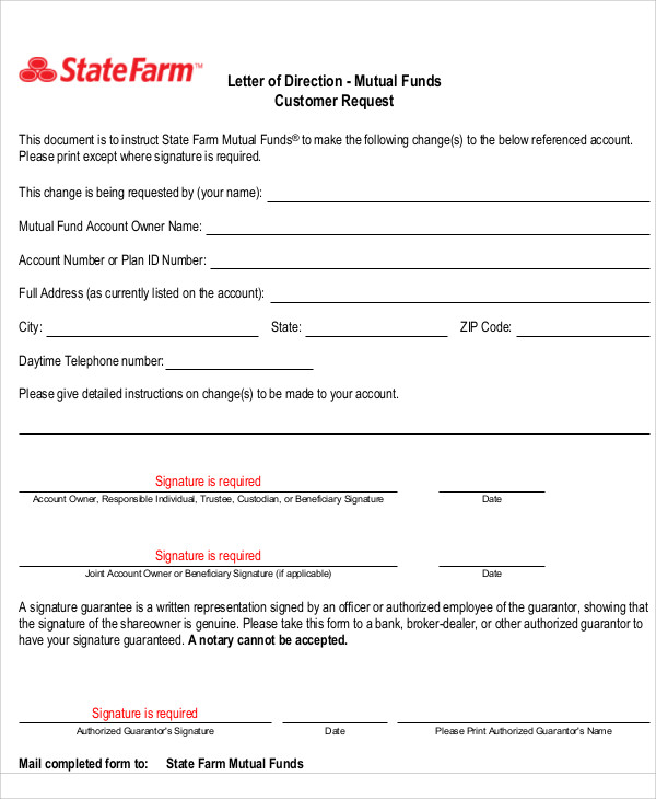 signature guarantee letter of direction