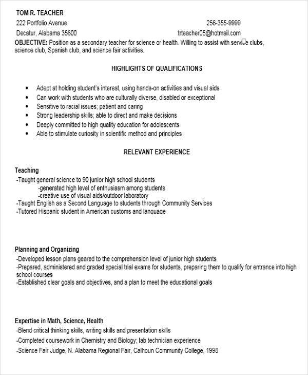 secondary school teacher resume