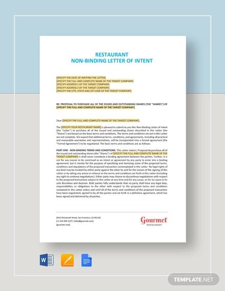 restaurant non binding letter of intent