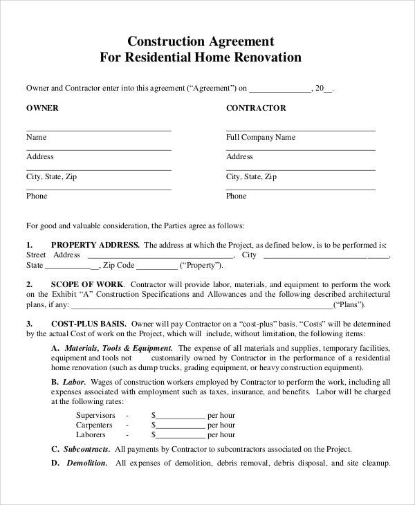 construction agreement for residential