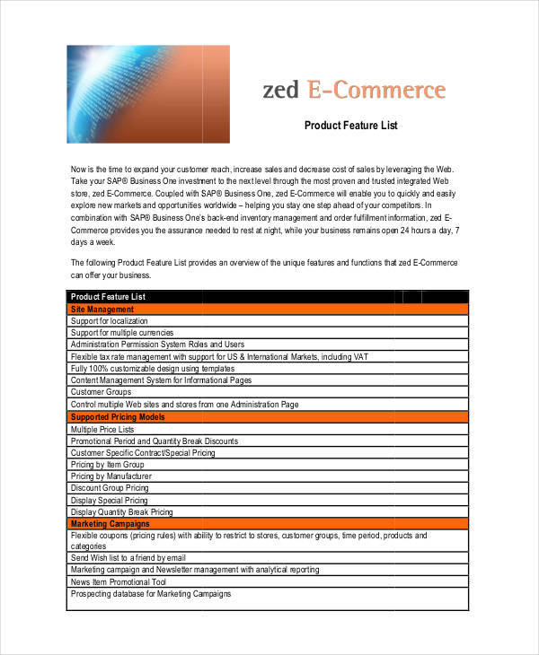 list sample for product feature