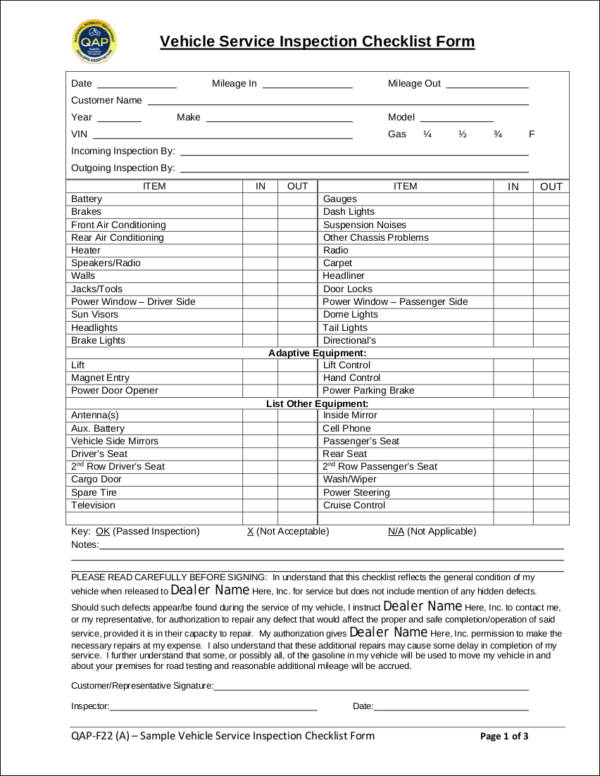 vehicle service inspection checklist