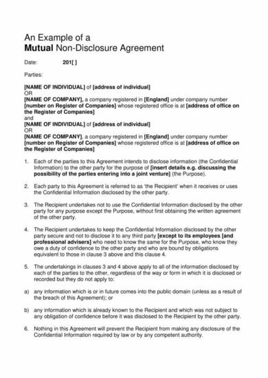 mutual non disclosure agreement sample template