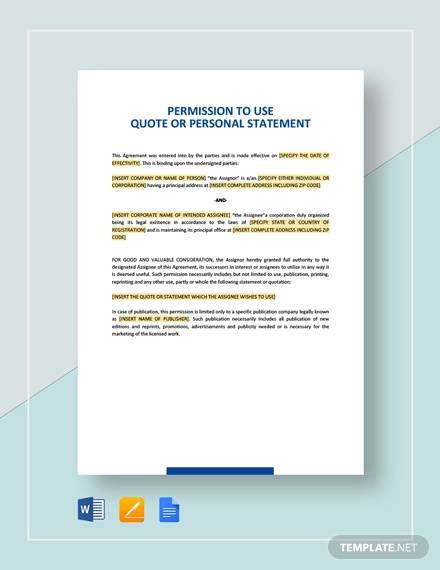 permission to use quote or personal statement template