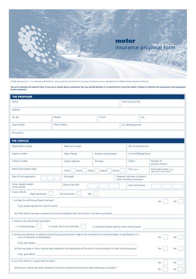 sample motor insurance proposal form 1