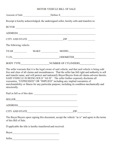 new motor vehicle bill of sale