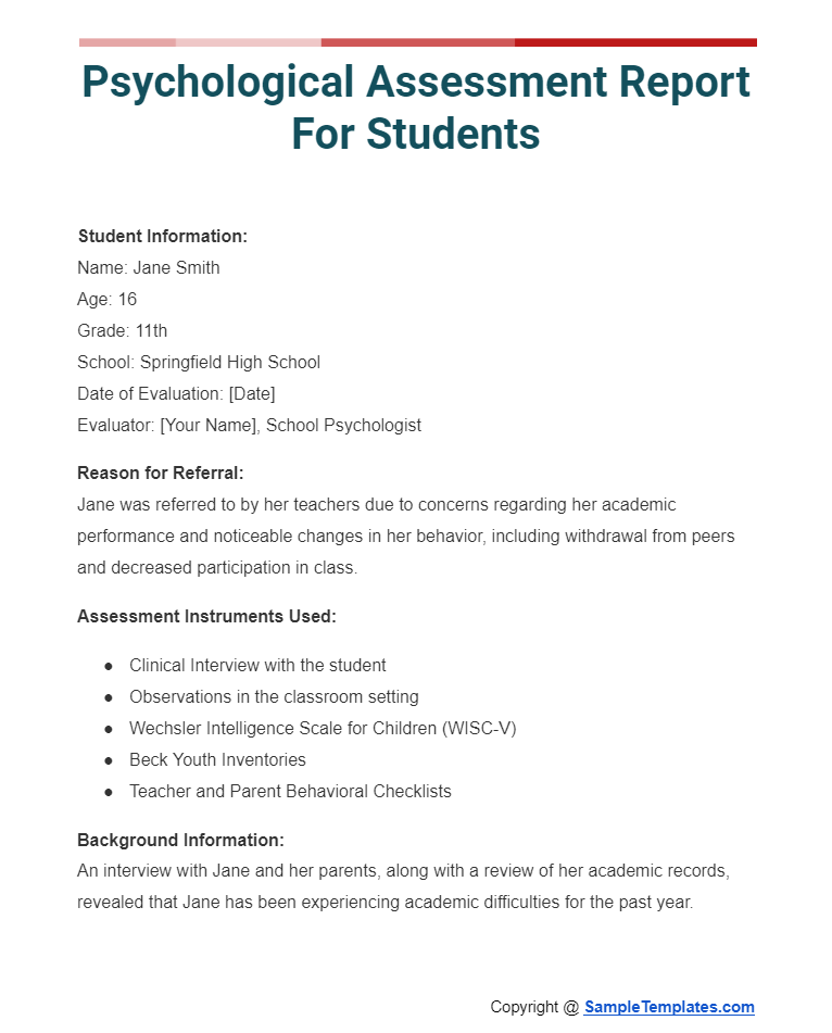 psychological assessment report for students