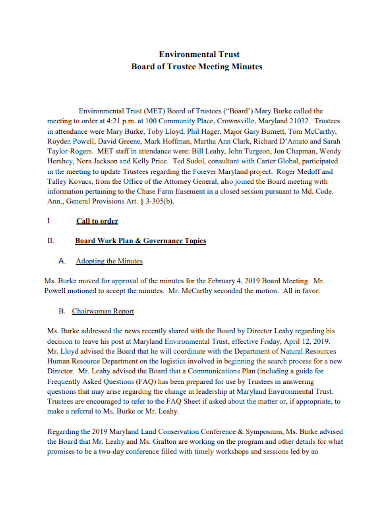 environmental trust board of trustee meeting minutes