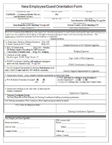 new employee guest orientation form