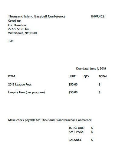 baseball conference invoice