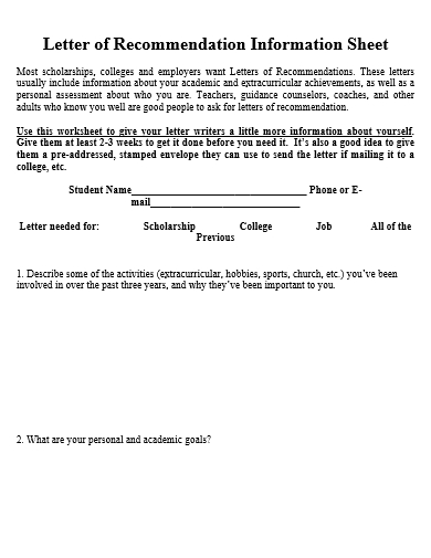 letter of recommendation information sheet