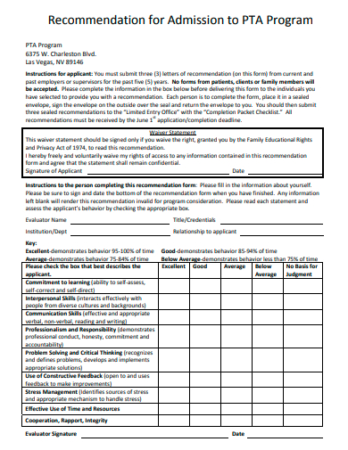 recommendation for admission to program