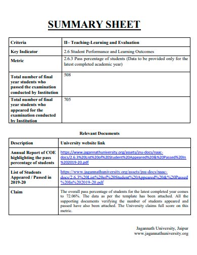 summary sheet in pdf