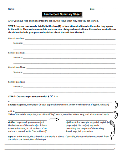 ten percent summary sheet template