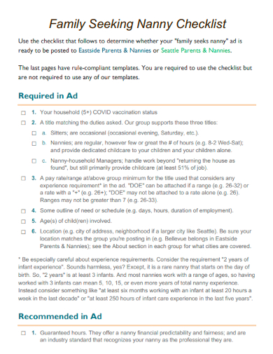 sample family seeking nanny checklist template