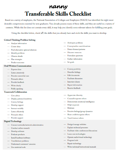 sample nanny transferable skills checklist template
